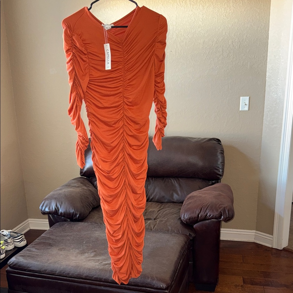 Elegant Orange Long Sleeve Dress